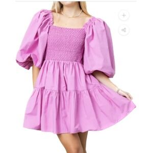Sofie the Label Puff Sleeve Smocked Tiered Mini Dress Pink  Size Large